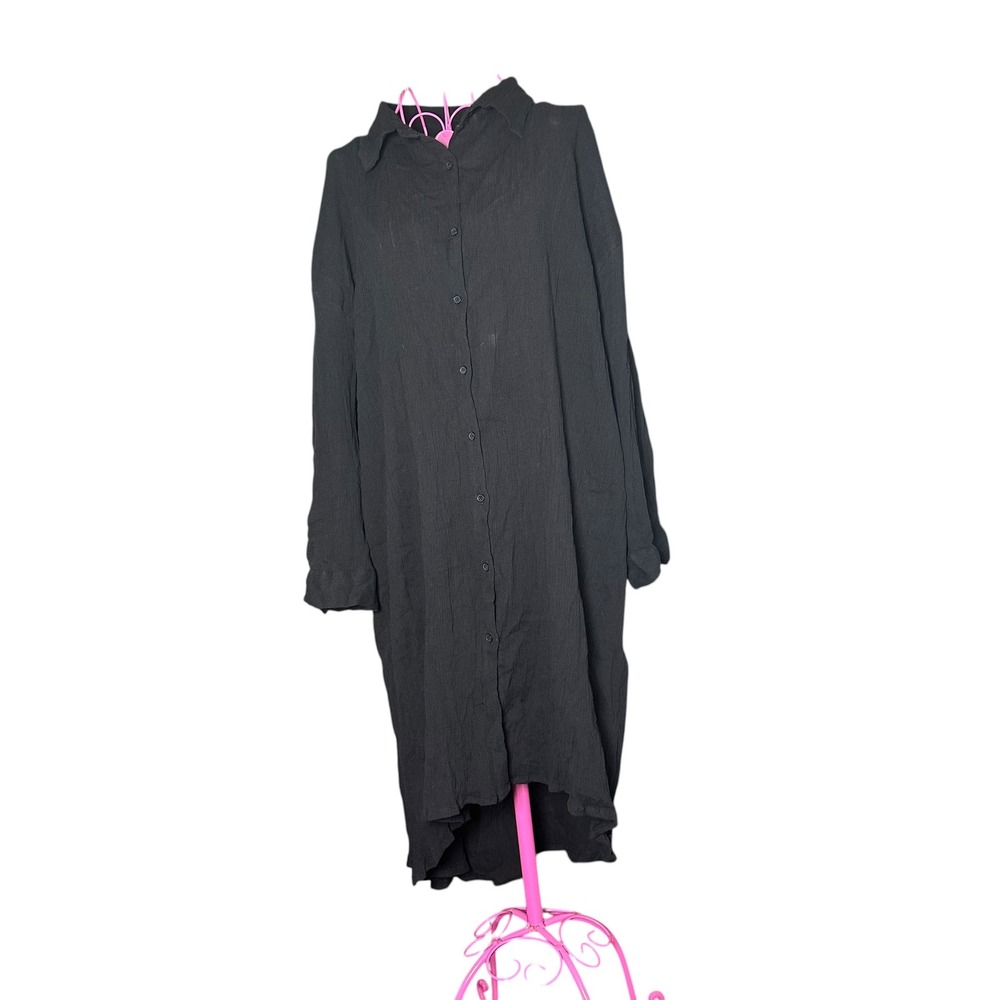 Boho Me Black Crinkle Cotton Button Down Shirt Dress High Low Plus Size 2X NEW